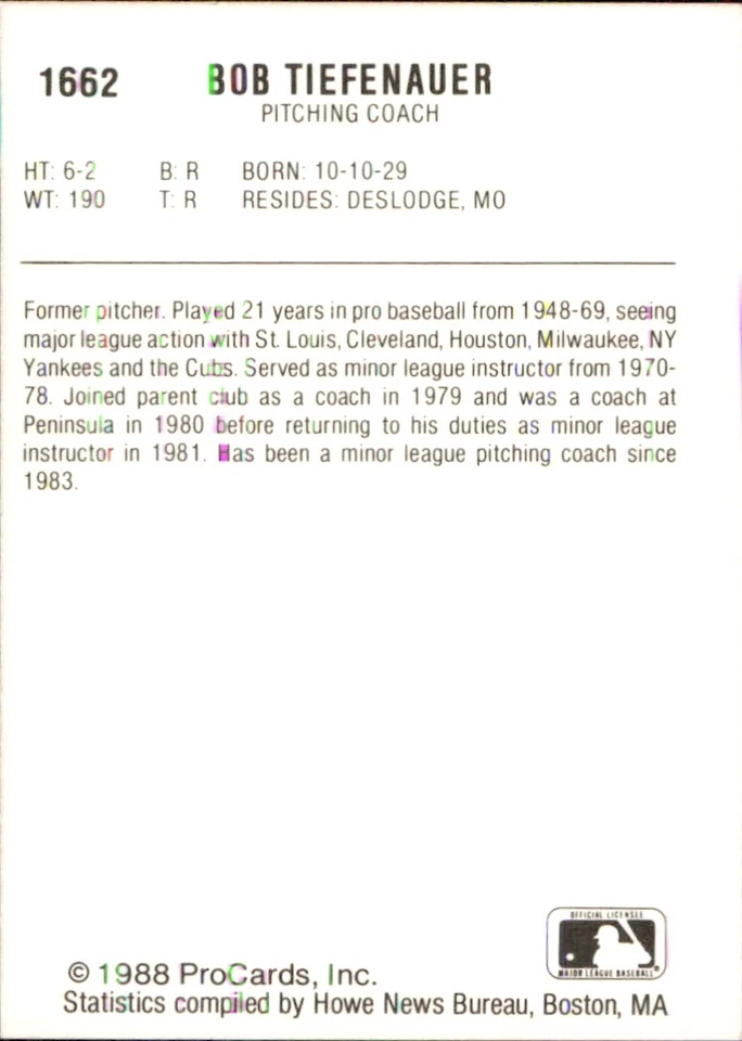 Bobby Tiefenauer 1988 ProCards #1662 RC Batavia Clippers *AutographDen* - Image 2 of 2