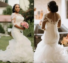 Mermaid Wedding Dresses Beaded Half Sleeves Lace Applique Ruffles Bridal Gowns