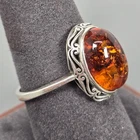 Vintage Sterling Silver Filigree Scrollwork Ring Baltic Amber Cabochon Size 10