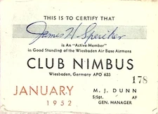 1952 Club Nimbus Wiesbaden Germany Air Base Membership Card