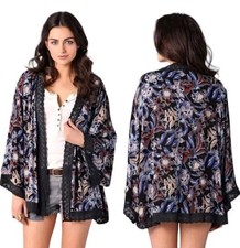 Free People Kimono Women's Small Dark Neutral Snap Out Of It Boca Floral Duster