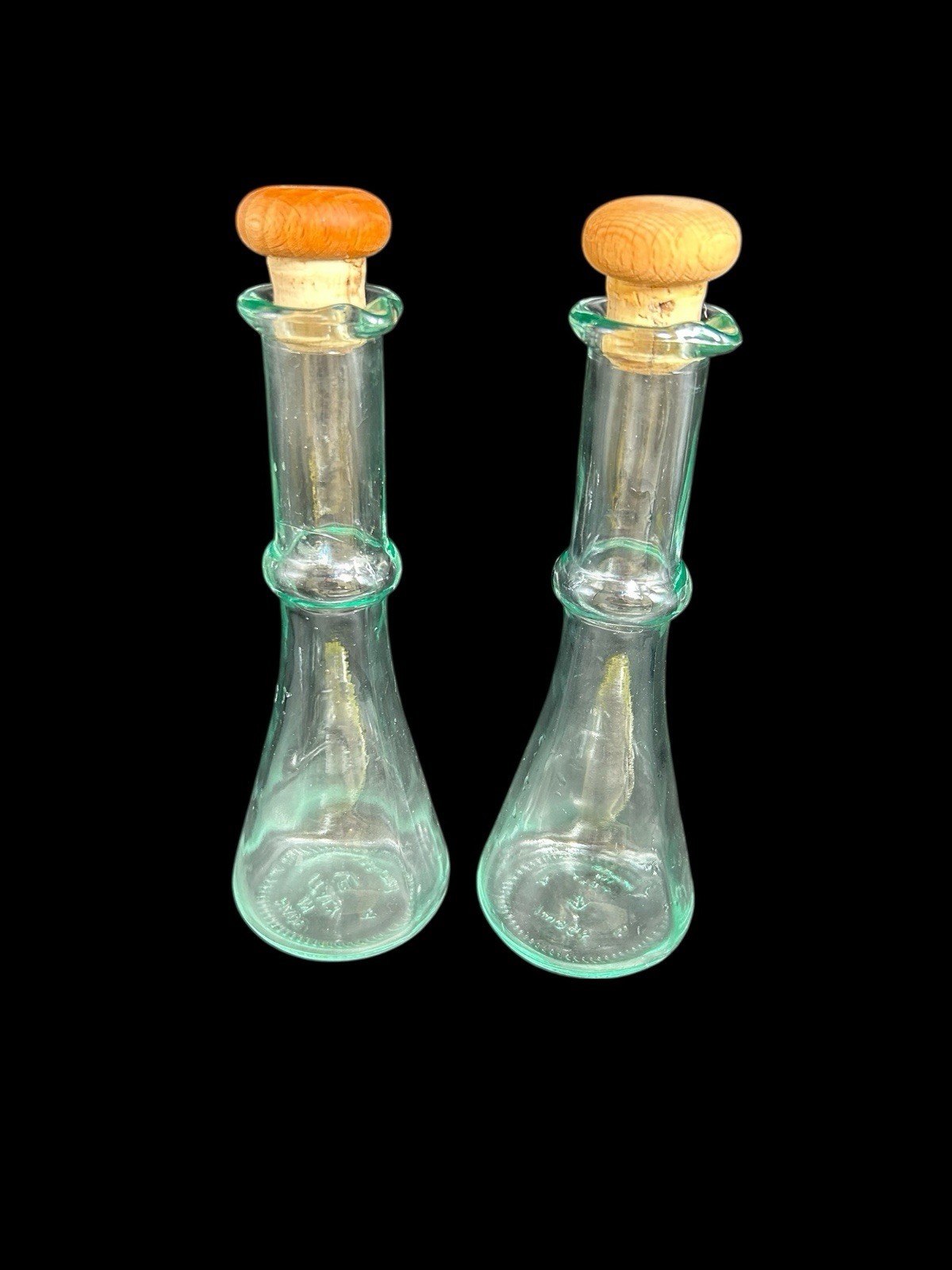 Set 2 Italian Cruet Glass Bottle Cork Stopper Green Tinted E