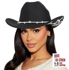 Rhinestone-Western-Cowboy-Hat for Womens Wide-Brim Medium Black With Diamond