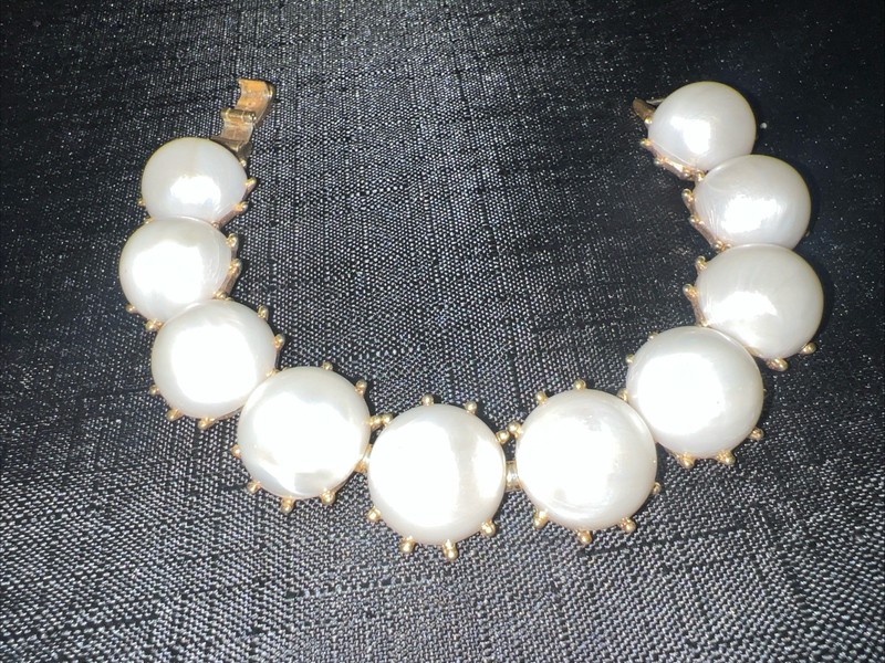 Vintage Trifari Crown  Gold Tone Faux Pearl Bracelet 7'' Long Baroque Baubles