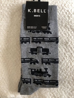 K. Bell Socks Crew Men Women Train Engine Engineer Gray Black NWT NEW