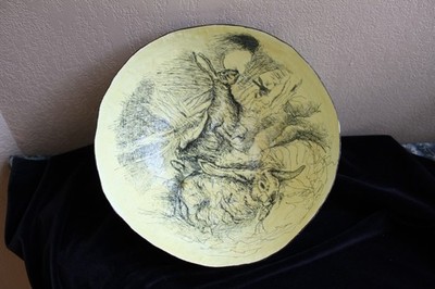 Large OOAK Watership Down Yellow and Black Rabbit Art Bowl Pen and Ink Drawing