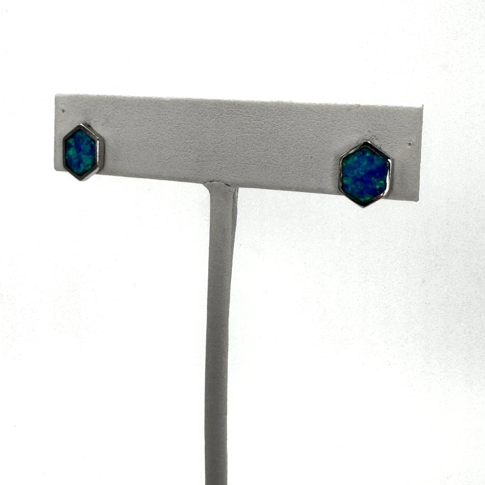 Aretes hexagonales de ópalo azul de plata de ley 925 Foto 2 de 4