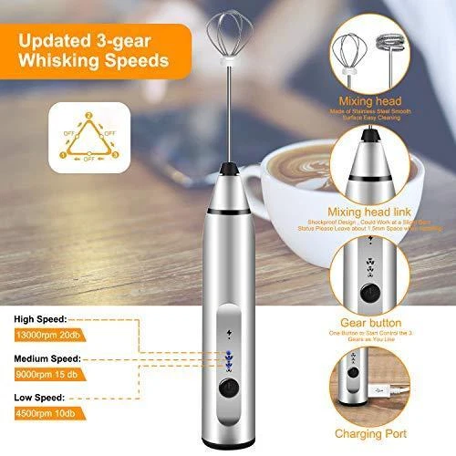 Milk Frother Handheld, Gbivbe Rechargeable Whisk Drink Mixer for Coffee with Art