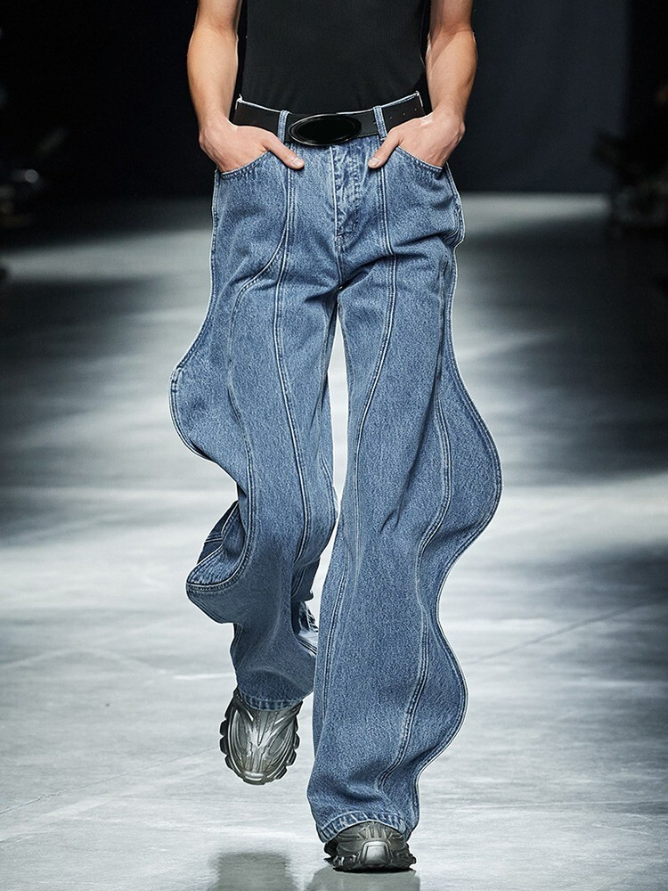 Wave Design Spliced Button Jeans Women High Waist Patchwork Wave Design Spliced Button Jeans Women High Waist Patchwork