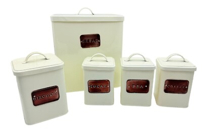 5 Stück Metall Brotkasten Tee Kaffee Zucker Keksdose Kanister Set Blechdeckel - Creme
