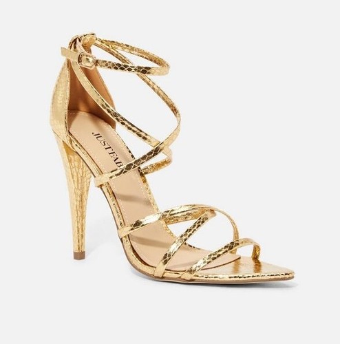 Ari by JUSTFAB Gold faux leather snake embossed 4.5" stiletto heel pumps, SZ 7.5