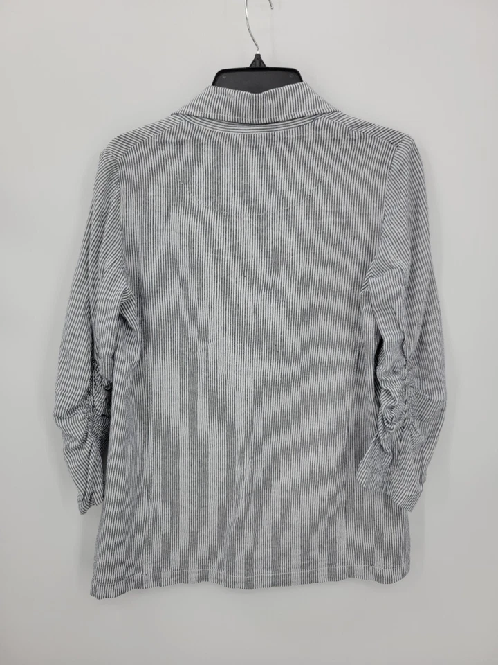 Max Studio Jacket Womens Small Blue Ivory Stripe Linen Ruched Sleeve Nautical - Image 2 of 4