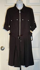 MICHAEL KORS Sz M Black Roll Tab Sleeve Zip Front Utility Shirt Dress w/Belt NWT