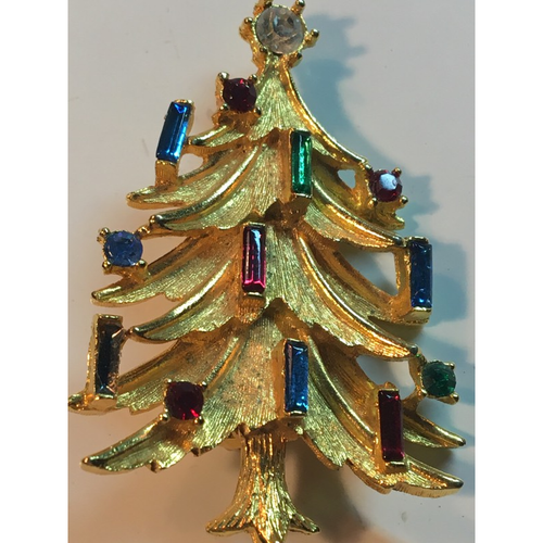 Vintage Mamselle Christmas Tree Brooch Gold Tone Multicolor Rhinestones 2" - Picture 3 of 8
