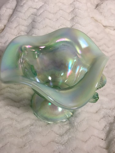 Fenton Art Glass Vase Green Opalescent FootedFish Handles Compote 95th Anniversy - Picture 8 of 12