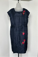 Gorgeous Raw Silk Vintage Dress Size L-XL Navy Blue Rose Appliqu