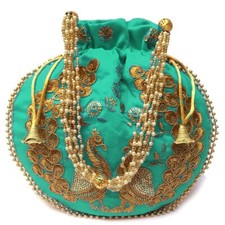 Handmade Rare Peacock Embroid Women's Potli Bag Silk Fabric For Wedding Party