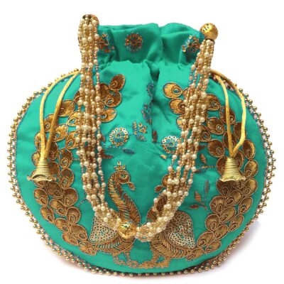 Handmade Rare Peacock Embroid Women's Potli Bag Silk Fabric For Wedding Party
