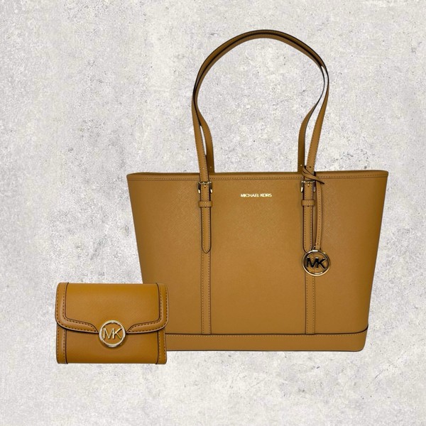 Michael Kors Mk Tasche Shopper GeldböRse Portmonee Jet Set Leida Braun Leder Neu-image