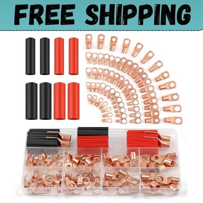 Copper Wire Lugs 130Pcs, AWG 2 4 6 8 10 12 Gauge Battery Cable Ends with 66Pcs H