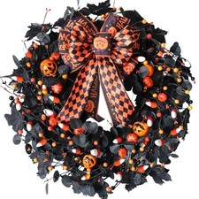 22inch Halloween Eucalyptus Wreaths Bow Decorative Wreaths Halloween Wreath