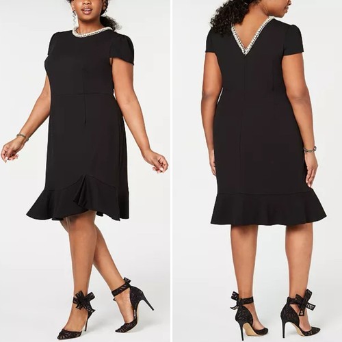 Betsey Johnson Black Pearl Trim Flounced Sheath Dress Size 14W 14 V Back Elegant