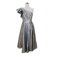 Mac Duggal 67906 Silver Metallic Brocade One Shoulder Bow Midi Dress 4