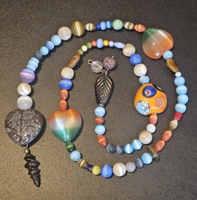 String Of Glass Tigers Eye Beads & Heart Gems - OBO