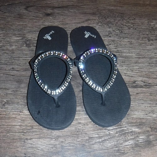 Sanuk Black Flip Flops Rhinestone Embellished Thong Sandals Women's