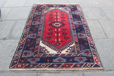 Vintage Main Fabriqué Traditionnel Tapis Oriental Laine Rouge Bleu - Photo 1/4