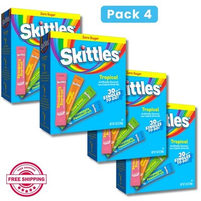 (4 Pack) Skittles 0 Sugar Variety Pack Singles-Go Powdered Drink Mix,Tropical 30