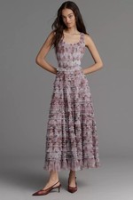 Women's Mac Duggal Floral Ruffled Midi Dress Sz 2 Purple Multi