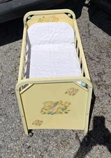 Vintage Amsco Yellow Metal Doll E Crib Wooden Wheels Lamb Decals antique 1950s