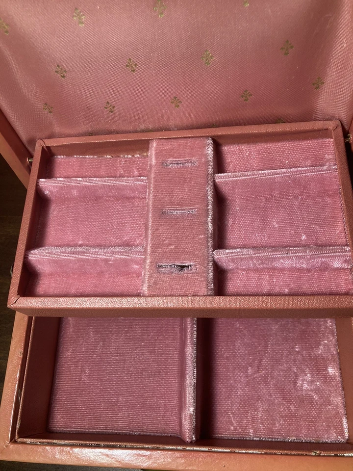 Joyero vintage de 2 niveles de cuero sintético ROSA terciopelo forrado satinado Foto 3 de 4