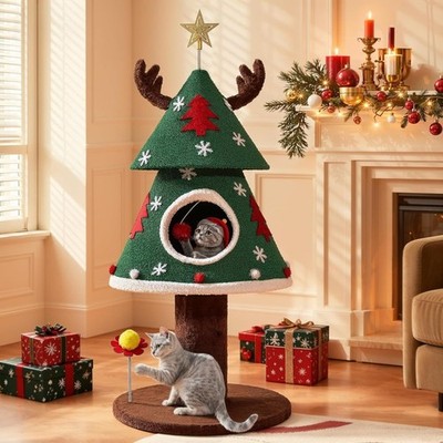 Christmas Cat Tree 47.2in with Teaser Ball and Festive Kitty Bed for Small Cats