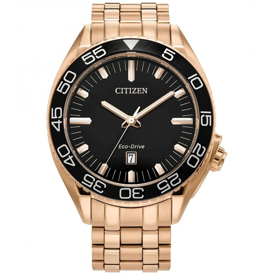Citizen Men's Watch Carson Eco-Drive Black Dial Rose Gold Bracelet AW1773-55E