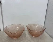 (2)Vintage Tiara Sandwich Indiana Glass Pink Ruffled Large 10" Serving Bowl