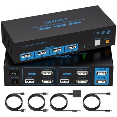 VPFET HDMI KVM Switch 2 Monitore 2 Computer 4K@60Hz USB2.0 Monitor
