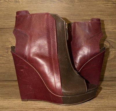 DEREK LAM NEW Crosby Burgundy/Brown Leather Open-Toe High Wedge Booties sz 9