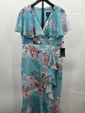 NWT Adrianna Papell Dress Turquoise Pink Floral Ruffle Wrap Flutter Sleeve 12