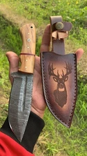 Custom handmade knife Damascus steel with leather sheath engraved deer