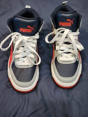 PUMA Rebound Joy High Top Boys SZ 5 Sneakers Casual Shoes Navy Red White Gray