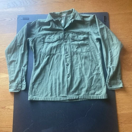 Vintage 1967 Military Vietnam Sateen Utility Shirt Mens OG 107  16.5 x 36