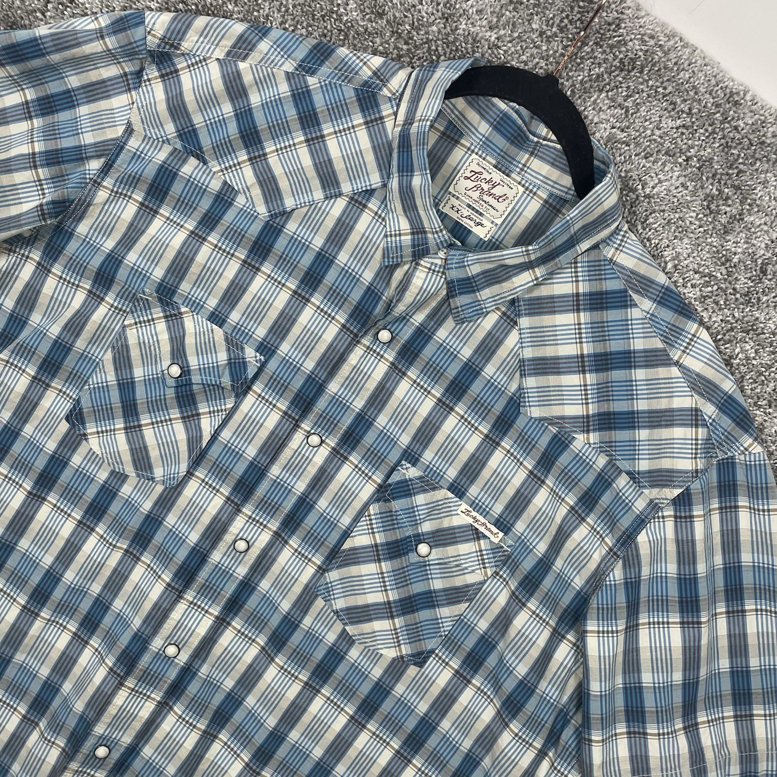 Lucky Brand Shirt Mens 2XL Blue Plaid Linen Western Pearl Snap Button