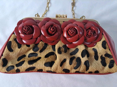 Clever Carriage Company Leather Rose Crossbody Purse Bag Calf Hair Leather Roses