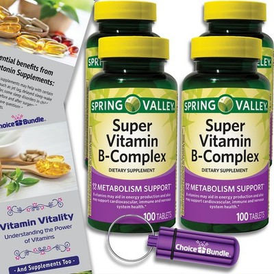 Spring Valley B-Complex Super B 4Pk (400ct) Tablets + Bonus Vit Guide & Case