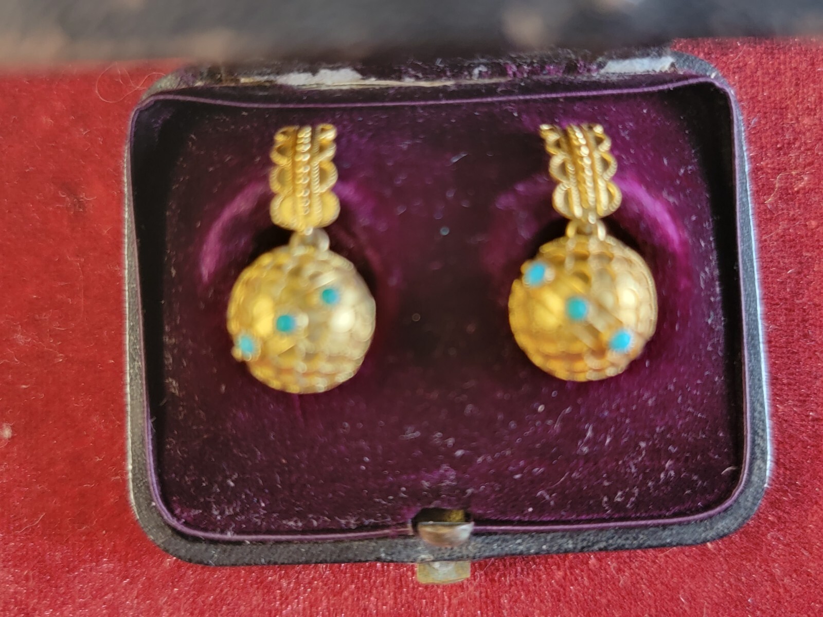 Tiffany & Co 14KYG Bloomed Gold Turquoise Earrings & Box RARE C.1880 Victorian image 5