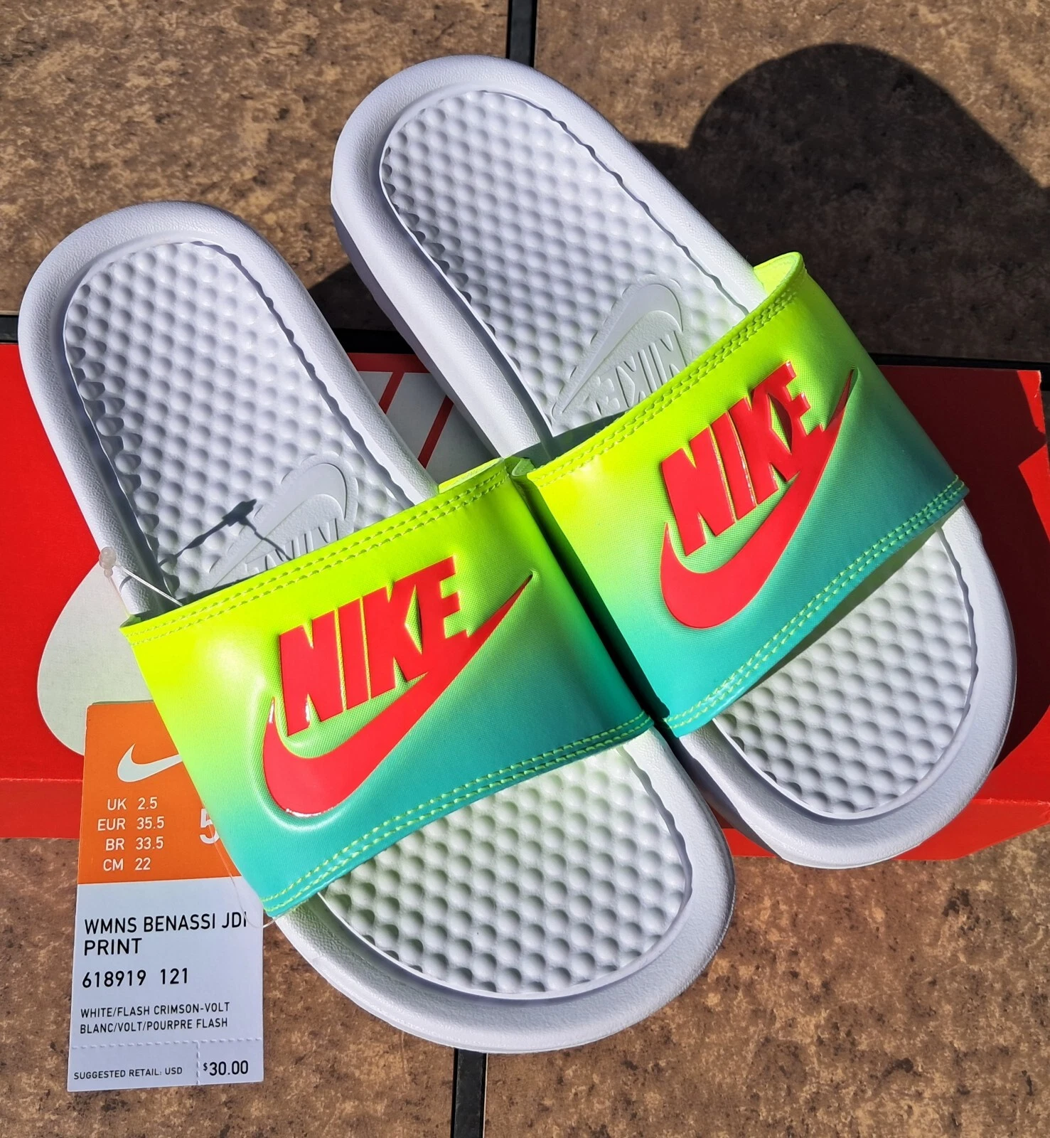 Nike Benassi Slide JDI Print 618919 121 bianche Volt cremisi taglia 5 nuove con scatola
