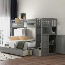 Twin over Full/Twin Bunk Bed Convertible Bed with Storage Shelves and Drawers