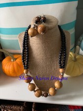 Handmade Wood Bead Necklace W/matching Earrings